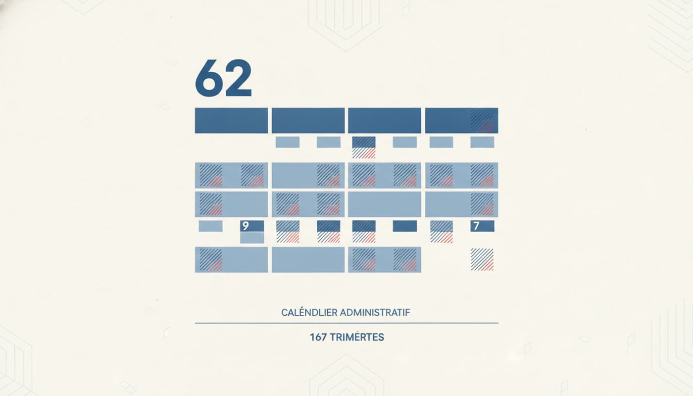 Infographie éditoriale sobre présentant un calendrier avec des trimestres mis en avant, le nombre 62 en caractères gras et des accents tricolores français sur un fond bleu et blanc.