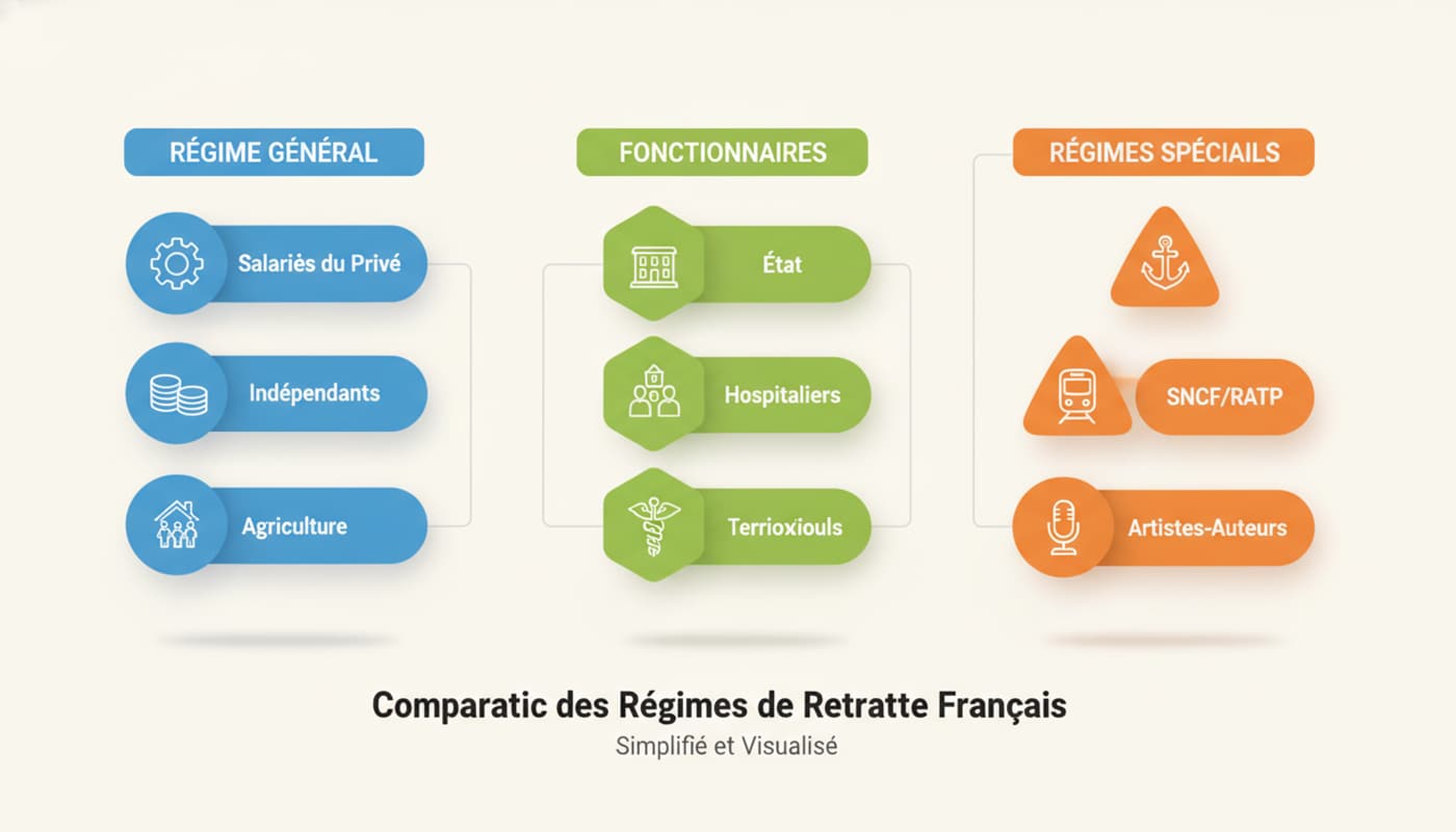 Infographie comparative des régimes de retraite français avec des icônes géométriques abstraites disposées en colonnes et des cartes colorées en bleu, vert et orange sur fond crème clair.