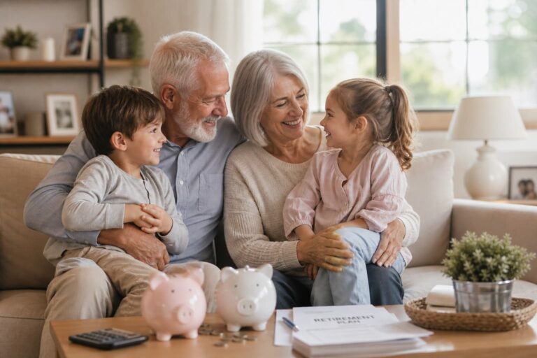 Un couple de retraités souriant tenant ses petits-enfants, avec des tirelires et des documents de retraite sur une table basse, lumière naturelle, tons doux.