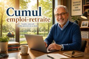 Un retraité souriant assis à un bureau en bois avec un ordinateur portable et une tasse de café, une fenêtre donnant sur un parc ensoleillé, avec le texte 'Cumul emploi-retraite' superposé.