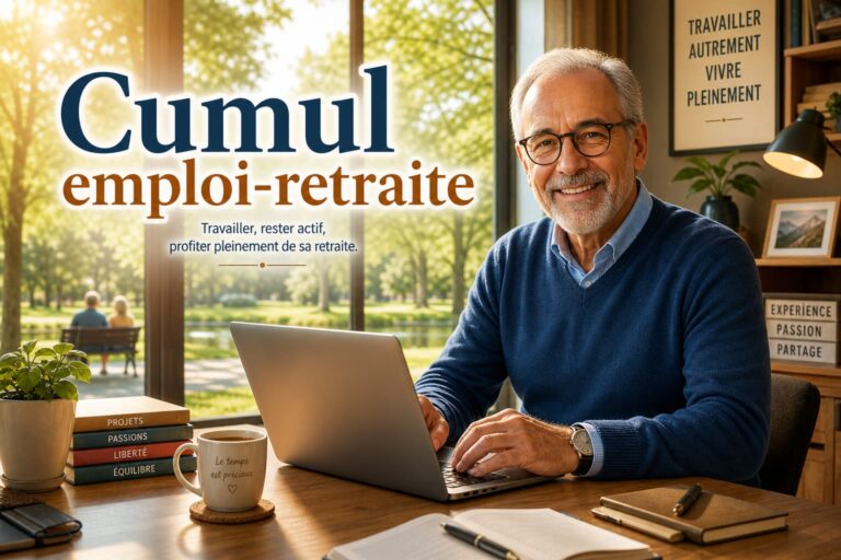 Un retraité souriant assis à un bureau en bois avec un ordinateur portable et une tasse de café, une fenêtre donnant sur un parc ensoleillé, avec le texte 'Cumul emploi-retraite' superposé.