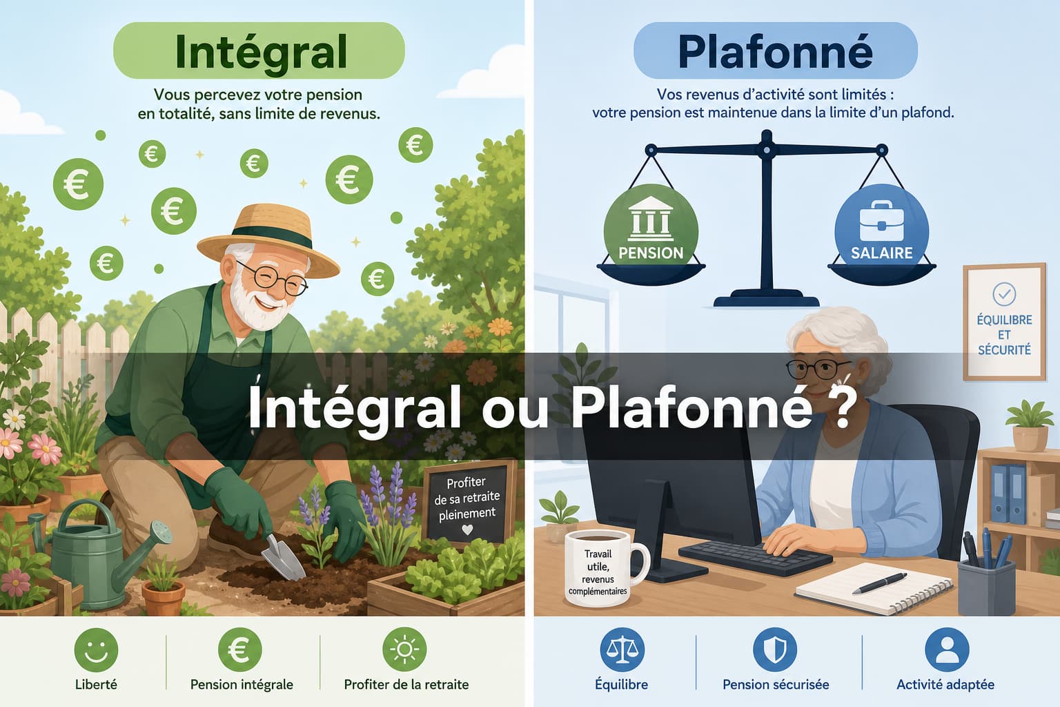 Deux scénarios côte à côte : un retraité jardine avec des symboles monétaires flottants étiqueté