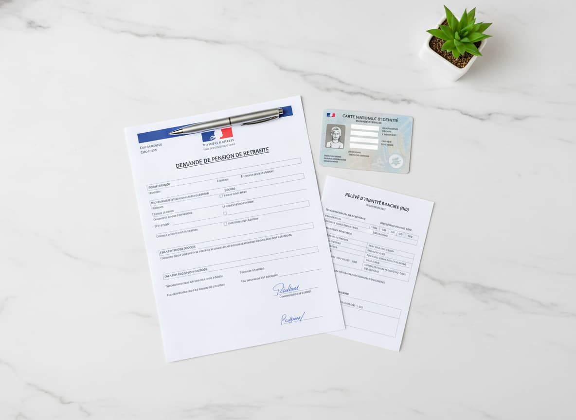 Documents de demande de retraite française disposés à plat sur marbre blanc avec formulaire, carte d
