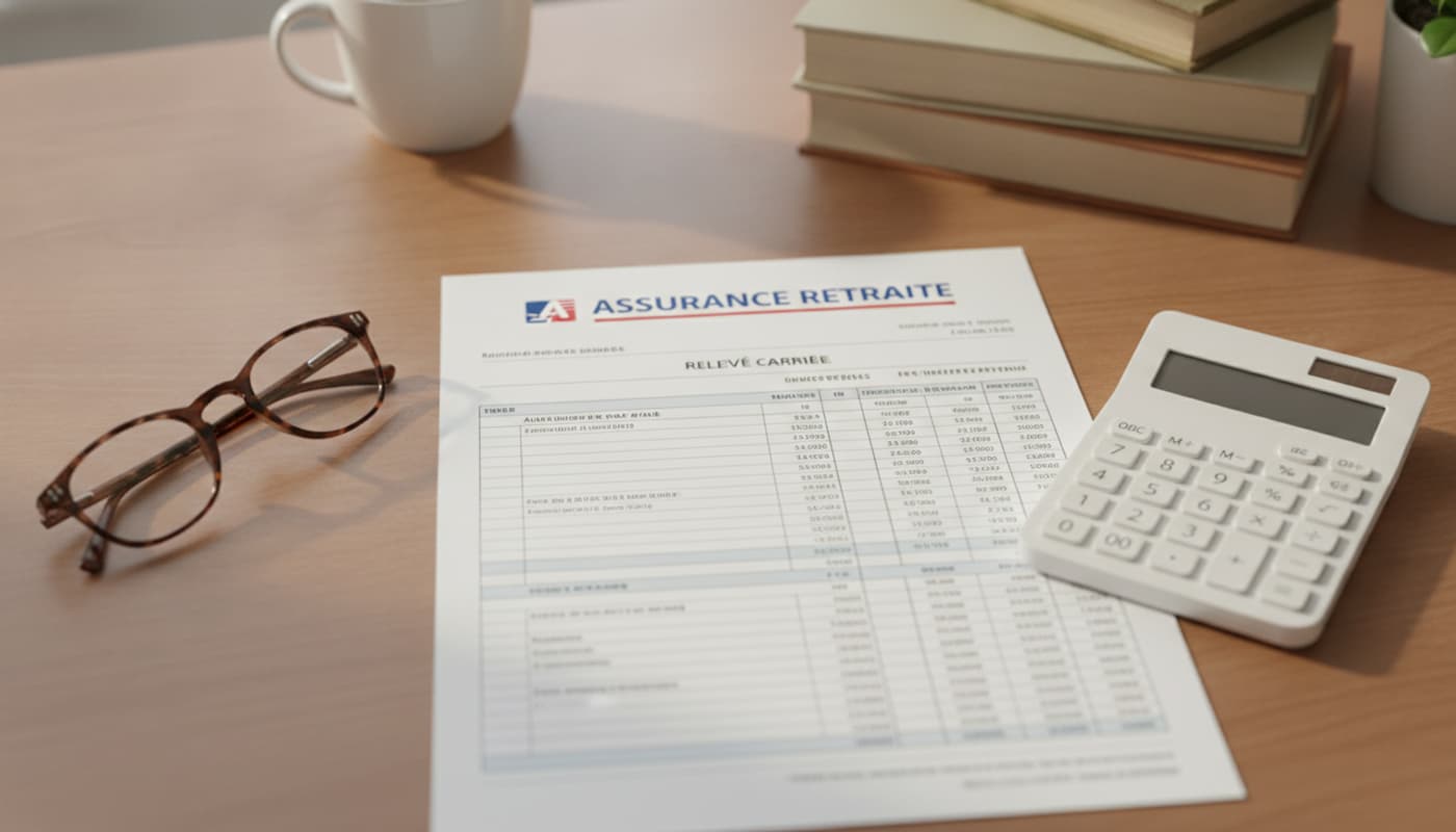 Un document administratif et une calculatrice posés sur un bureau en bois à côté de lunettes de lecture, éclairés par une lumière naturelle latérale.
