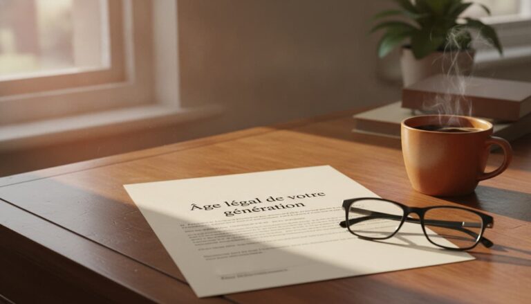 Un document officiel de retraite français avec l'en-tête 'Âge légal de votre génération' posé sur un bureau en bois à côté de lunettes de lecture et d'une tasse de café, éclairé par une douce lumière matinale.