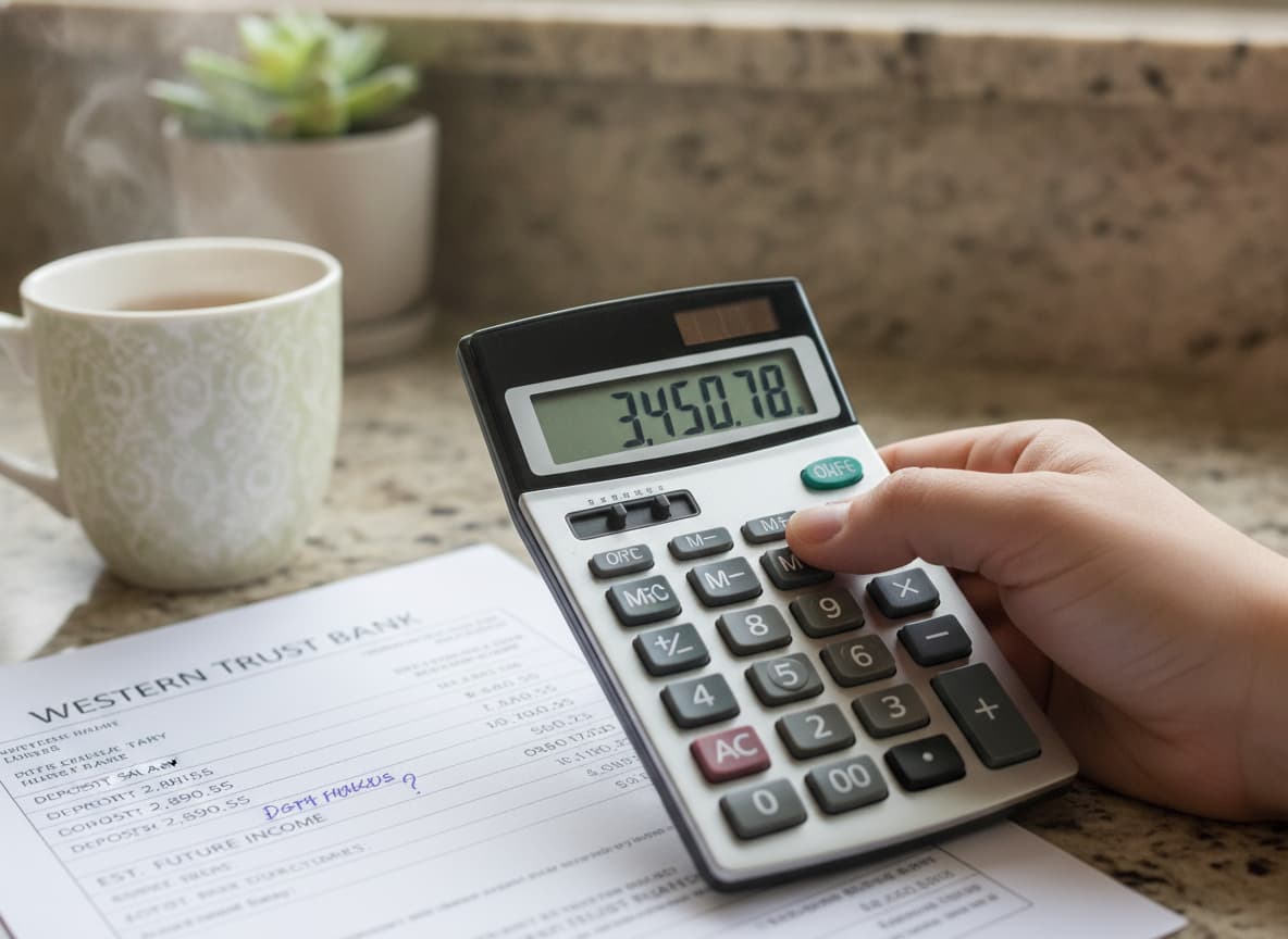 Une main tient une calculatrice à côté d