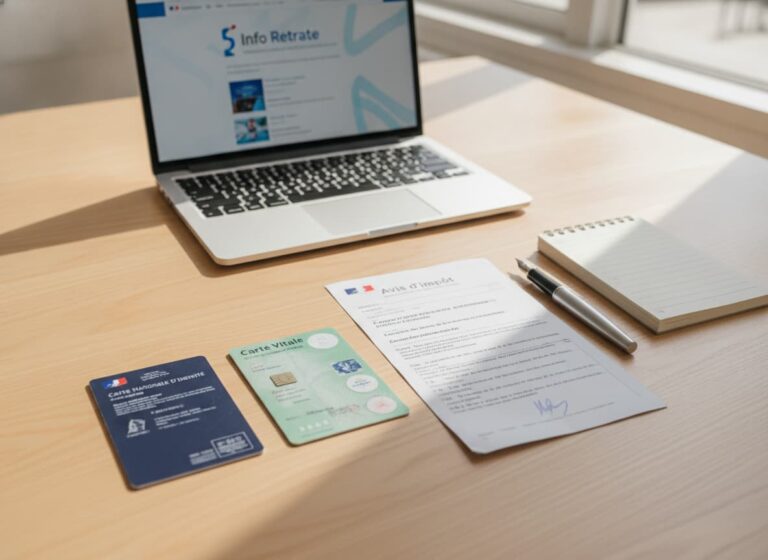 Documents français de retraite (carte d'identité, carte de sécurité sociale, acte de mariage, avis d'imposition) disposés sur un bureau en bois, avec stylo et ordinateur portable affichant un site gouvernemental, en vue du dessus.