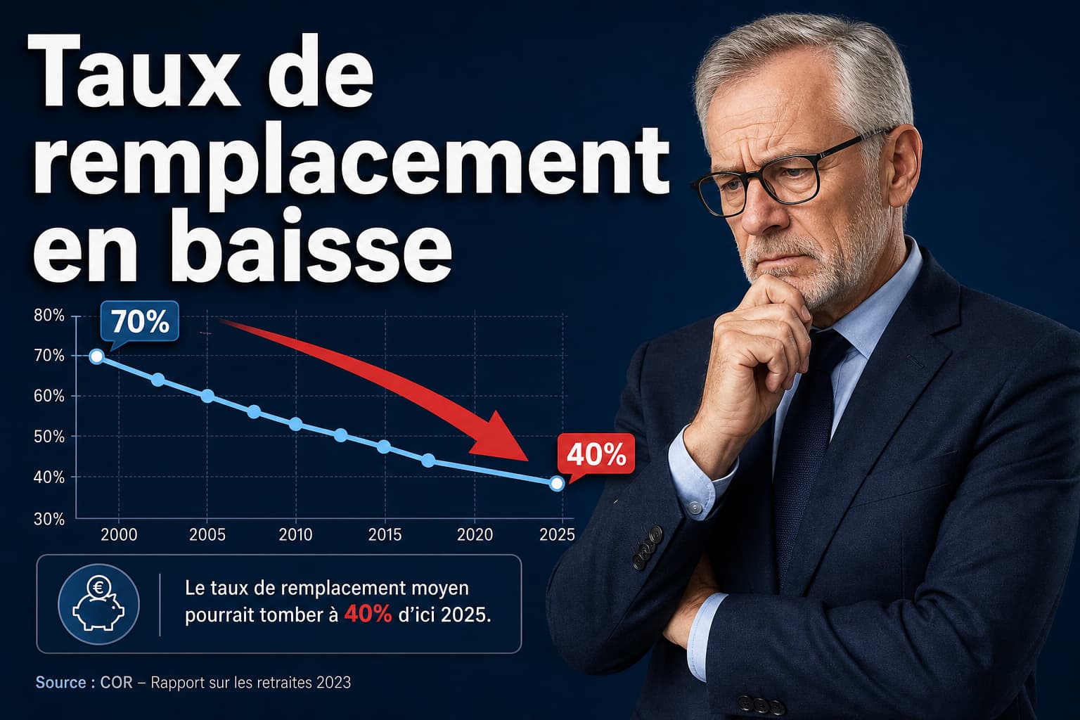 Un graphique en ligne descendante sur fond bleu foncé, avec une flèche rouge pointant vers le bas, à côté d