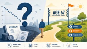 Illustration éditoriale du concept de décote retraite : point d'interrogation au-dessus d'un graphique descendant à gauche, ligne d'arrivée rassurante avec l'âge 67 à droite, style infographique épuré en tons bleus et orange.