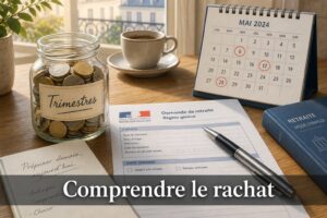 Illustration éditoriale apaisante montrant un bureau en bois avec un bocal en verre rempli de pièces étiqueté 'Trimestres', un formulaire de retraite française et un stylo posé dessus, un calendrier avec des dates encerclées, une tasse de café en arrière-plan, le tout baigné d'une lumière naturelle douce, et le texte 'Comprendre le rachat' en surimpression sur un fond sombre semi-transparent.