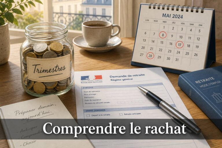 Illustration éditoriale apaisante montrant un bureau en bois avec un bocal en verre rempli de pièces étiqueté 'Trimestres', un formulaire de retraite française et un stylo posé dessus, un calendrier avec des dates encerclées, une tasse de café en arrière-plan, le tout baigné d'une lumière naturelle douce, et le texte 'Comprendre le rachat' en surimpression sur un fond sombre semi-transparent.