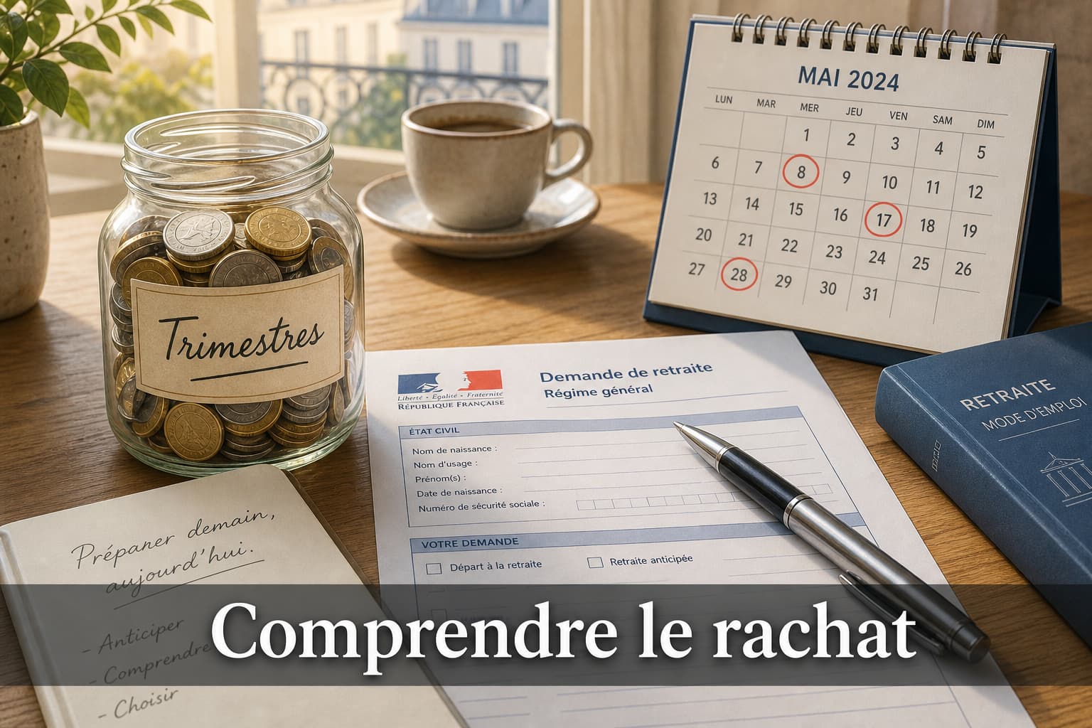 Illustration éditoriale apaisante montrant un bureau en bois avec un bocal en verre rempli de pièces étiqueté
