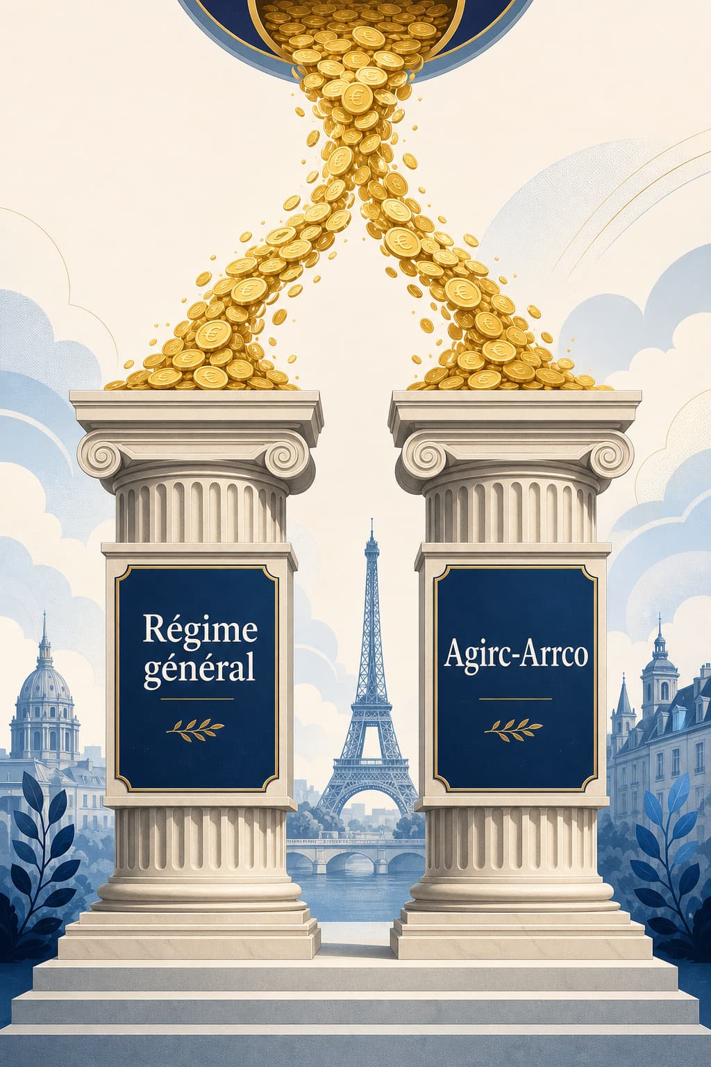 Deux piliers imposants symbolisant les régimes de retraite français, étiquetés