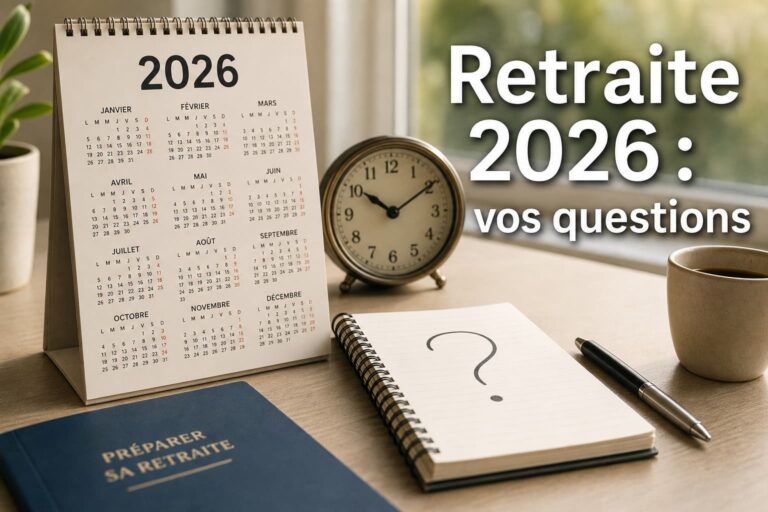 Un bureau avec un calendrier affichant l'année 2026, une horloge analogique classique, un bloc-notes portant un point d'interrogation et un stylo, éclairé par une lumière naturelle douce venant d'une fenêtre, avec le texte Retraite 2026 : vos questions en surimpression.