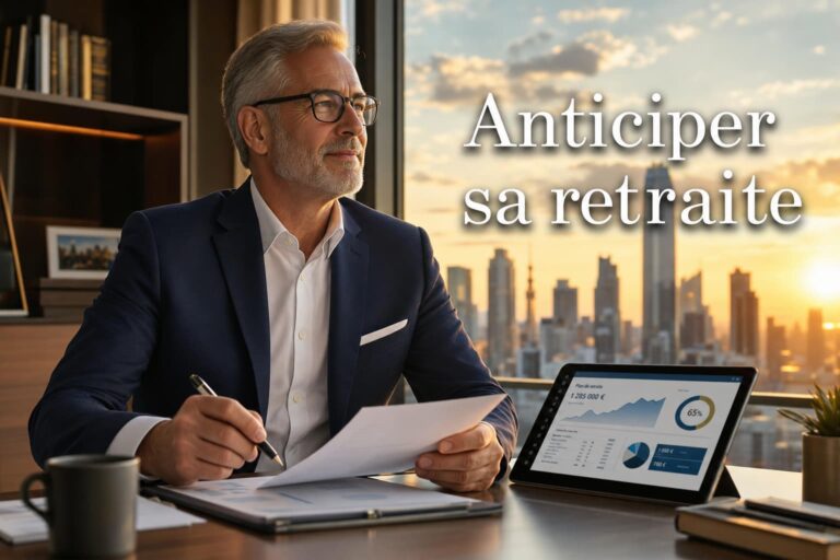 Un cadre supérieur assis à un bureau examine des documents de retraite et une tablette affichant des graphiques, avec une vue de la ville au coucher du soleil par la fenêtre, un éclairage chaleureux, et le texte superposé 'Anticiper sa retraite'.
