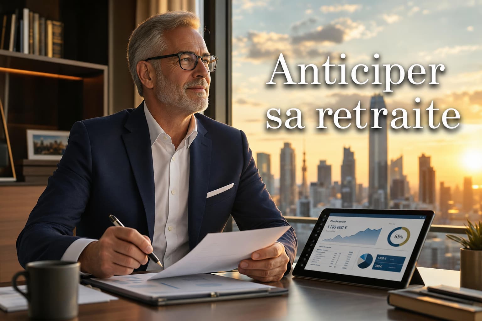 Un cadre supérieur assis à un bureau examine des documents de retraite et une tablette affichant des graphiques, avec une vue de la ville au coucher du soleil par la fenêtre, un éclairage chaleureux, et le texte superposé