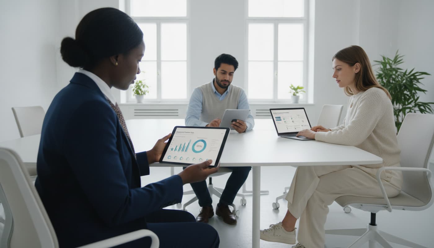 Un cadre en costume, un fonctionnaire en tenue décontractée et un freelance avec ordinateur portable consultent des simulateurs de retraite sur tablettes dans un bureau lumineux épuré avec plantes.