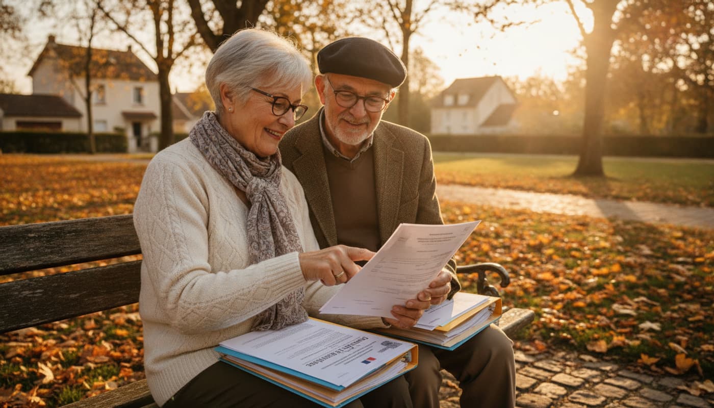 Un couple de retraités calmes assis sur un banc de parc en automne, lisant des documents officiels de retraite, éclairés par une lumière dorée, avec des arbres en arrière-plan.