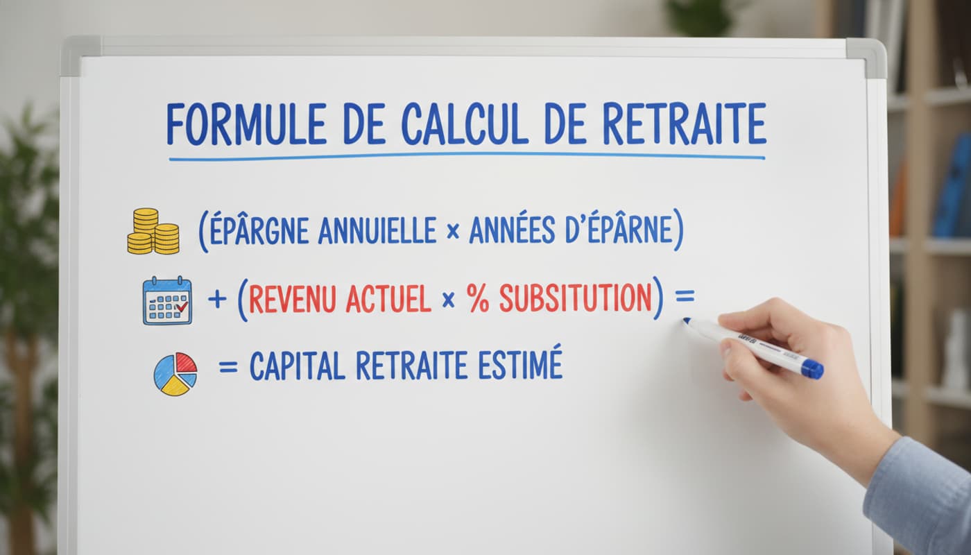 Un tableau blanc affichant une formule simplifiée de calcul de retraite en français, avec des symboles mathématiques, des icônes de pièces, un calendrier et un graphique circulaire, une main tenant un marqueur pointant la formule, ambiance chaleureuse.