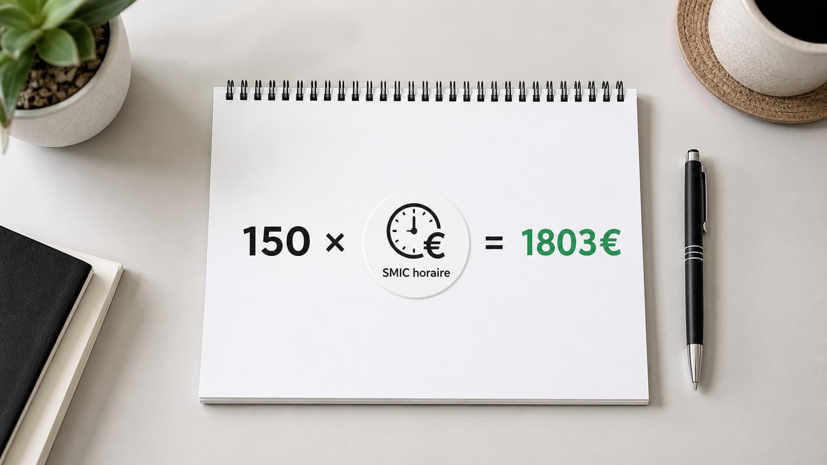 Équation manuscrite « 150 × symbole SMIC horaire = 1803€ » sur un bloc-notes blanc posé sur un bureau clair.