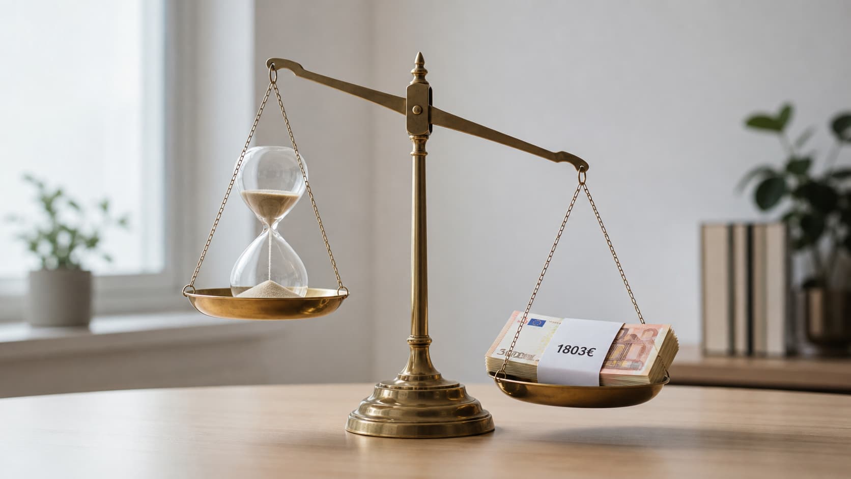 Une balance à plateaux penchant à droite, avec un sablier sur le plateau gauche et une pile de billets en euros marqués 1803€ sur le plateau droit.