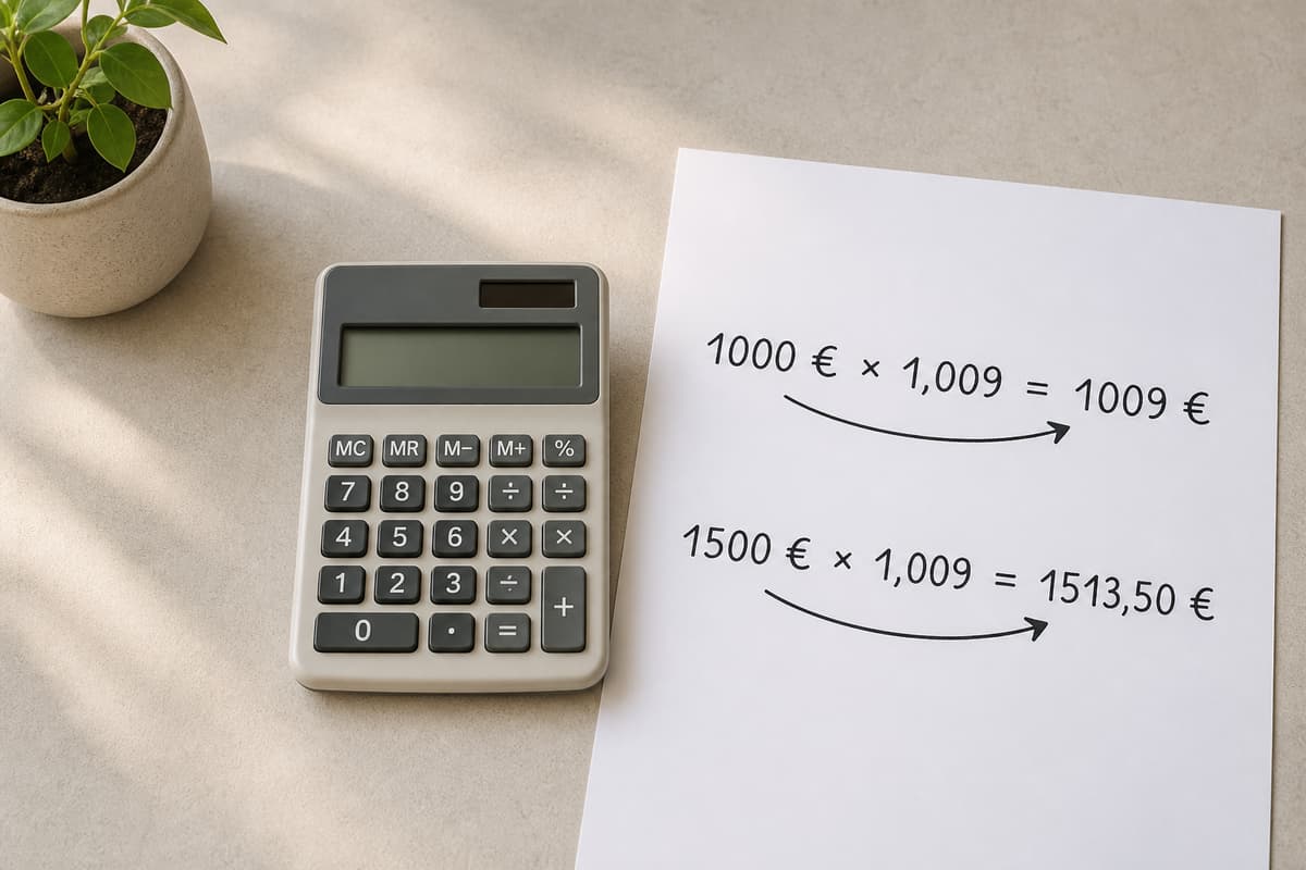 Deux calculs de retraite de base affichés sur fond épuré : 1000 € × 1,009 = 1009 € et 1500 € × 1,009 = 1513,50 €, accompagnés d