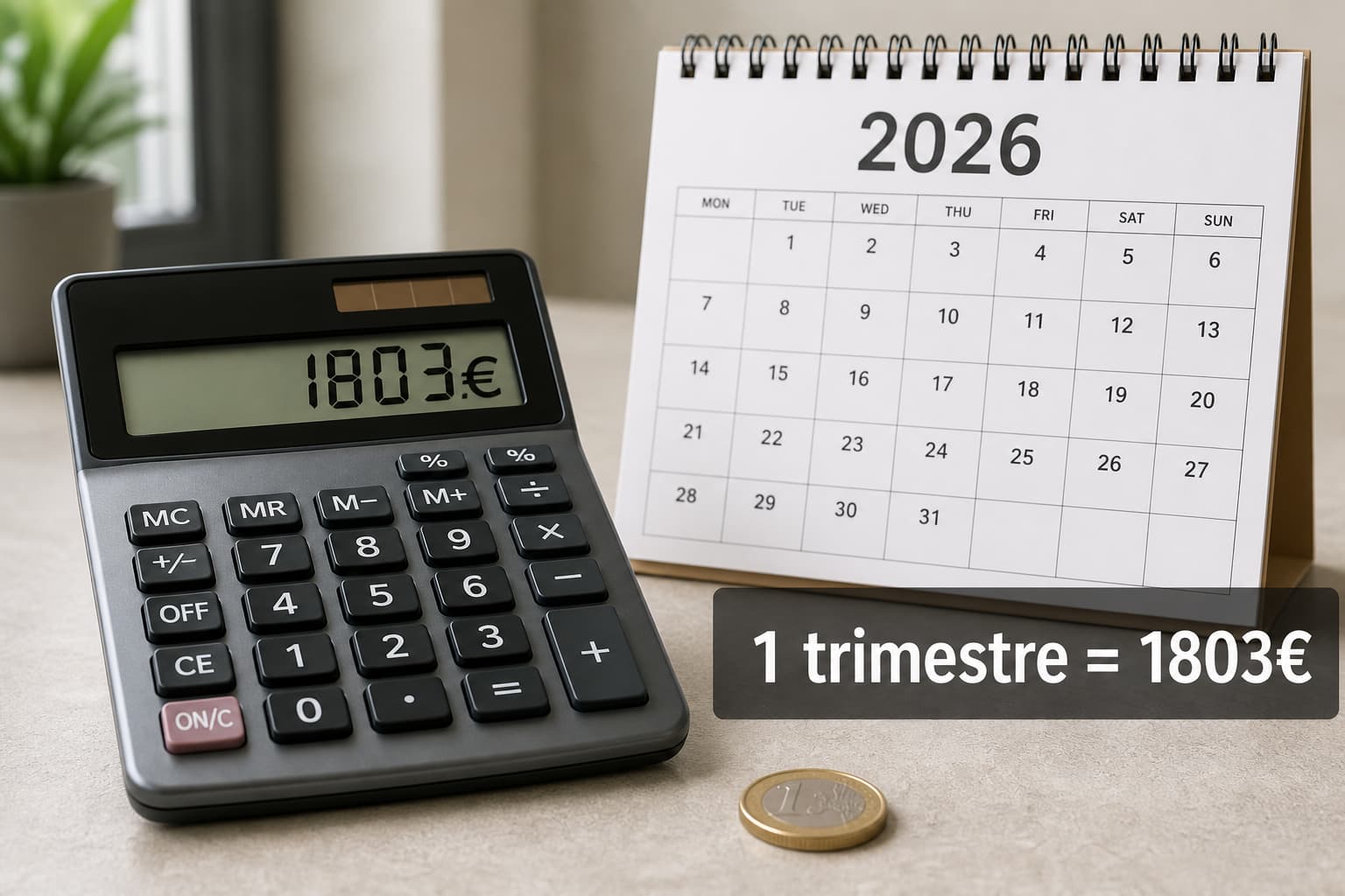 Une calculatrice affichant 1803 euros, un calendrier de l