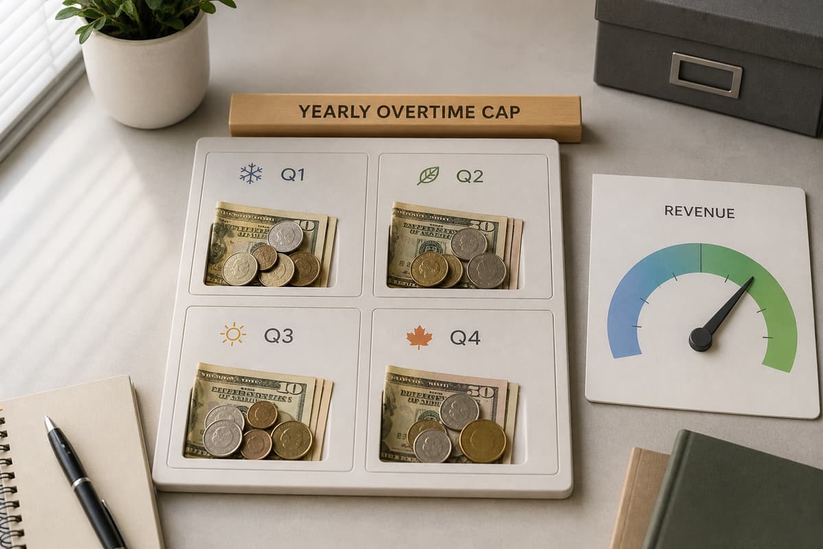 Calendrier annuel simplifié divisé en quatre trimestres, avec une jauge de revenu et des pièces représentant des heures supplémentaires, sans dépasser quatre trimestres.