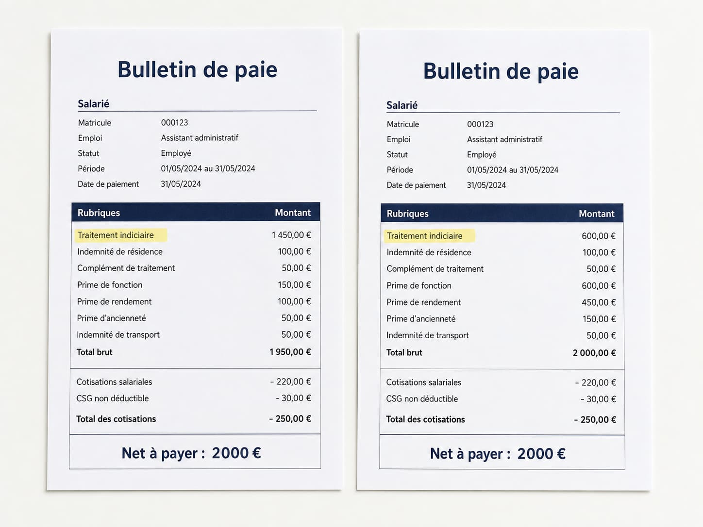 Deux bulletins de salaire simplifiés côte à côte, affichant un même montant net de 2000 euros, avec une répartition différente entre traitement indiciaire et primes, le traitement indiciaire étant mis en évidence par un surlignage jaune.