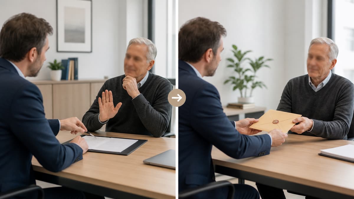 Deux panneaux séparés par une ligne verticale : à gauche, un employeur interroge un salarié senior qui peut refuser ; à droite, l
