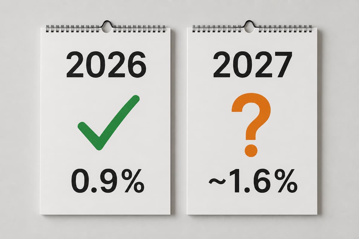 Deux calendriers côte à côte, le premier indiquant 2026 avec une coche verte et 0,9 %, le second indiquant 2027 avec un point d