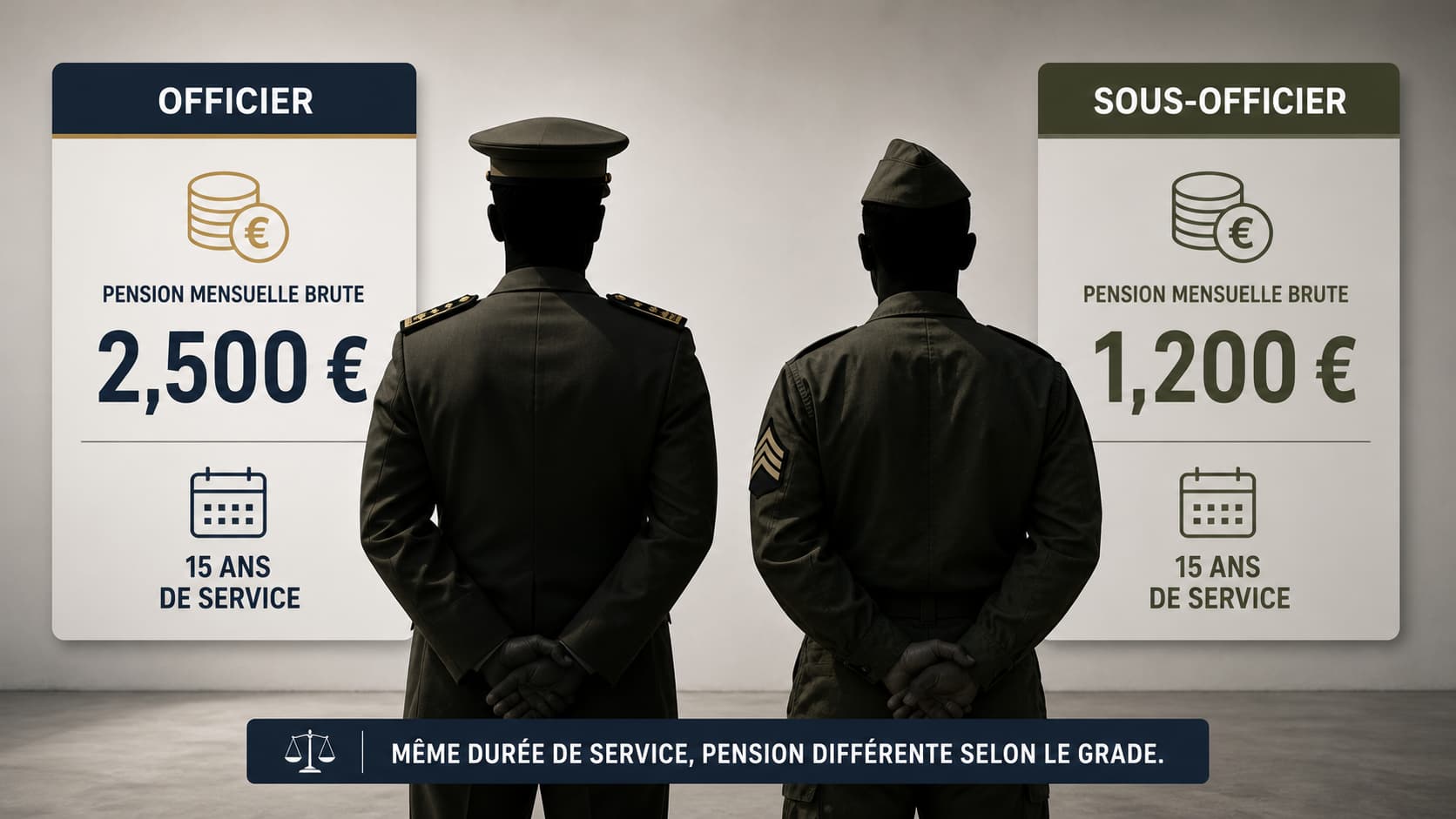 Deux silhouettes de militaires, un officier et un sous-officier, côte à côte devant des panneaux indiquant des montants de pension différents avec la mention identique