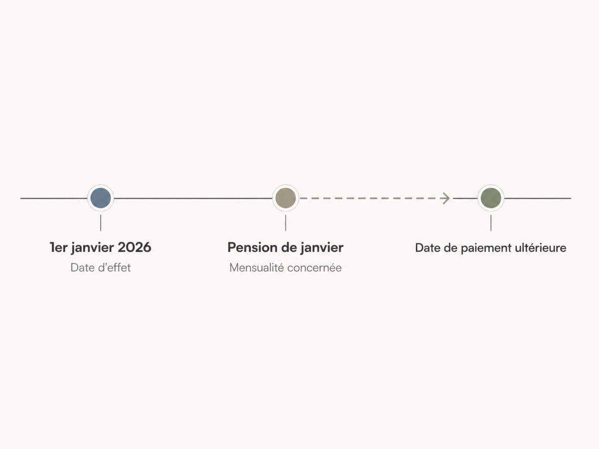 Frise chronologique simple avec trois repères : 1er janvier 2026, pension de janvier, et une date de paiement ultérieure reliée par une flèche.