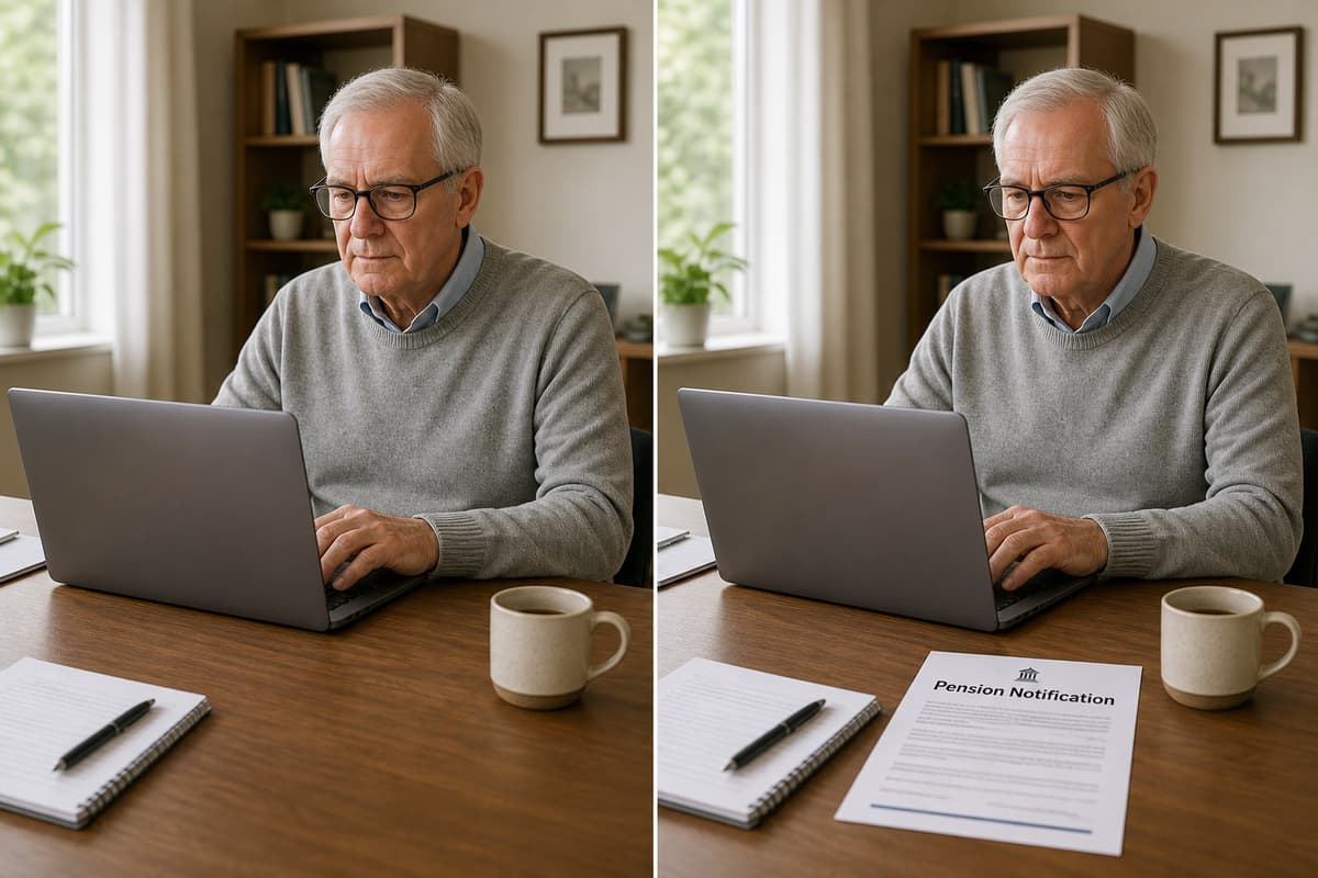 Deux panneaux côte à côte montrent la même personne en train de travailler : à gauche sans document de pension sur son bureau, à droite avec un document de pension et continuant son activité, séparés par une ligne verticale.