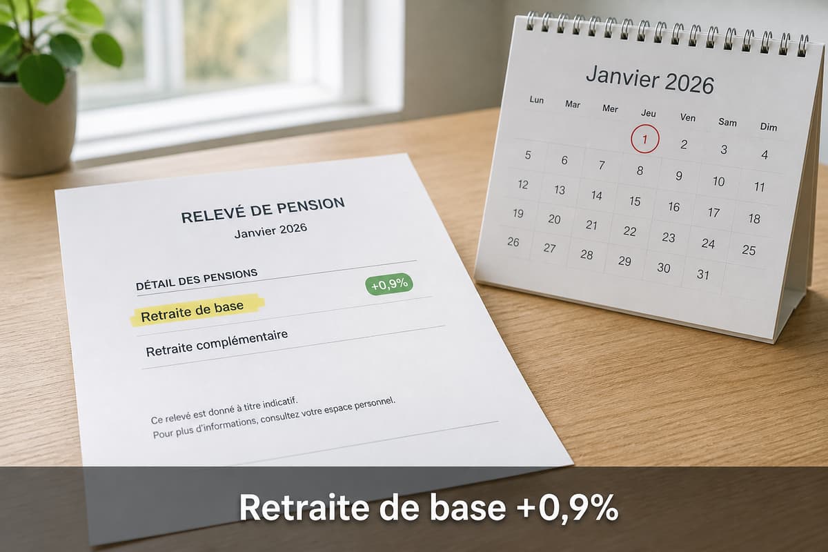 Un relevé de pension clair posé sur une table, avec une ligne « Retraite de base » surlignée et un badge vert « +0,9 % », à côté d