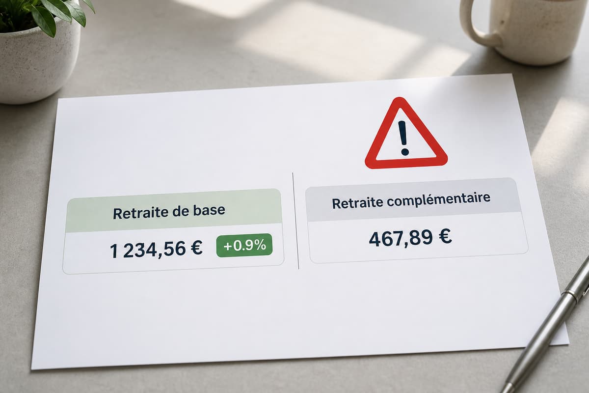 Relevé de pension en deux parties avec la ligne « Retraite de base » affichant un badge +0,9 % et la ligne « Retraite complémentaire » sans badge, accompagnée d