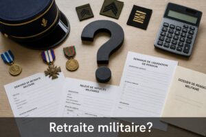 Symboles militaires, calculatrice et documents autour d'un point d'interrogation, avec le texte 'Retraite militaire?'.