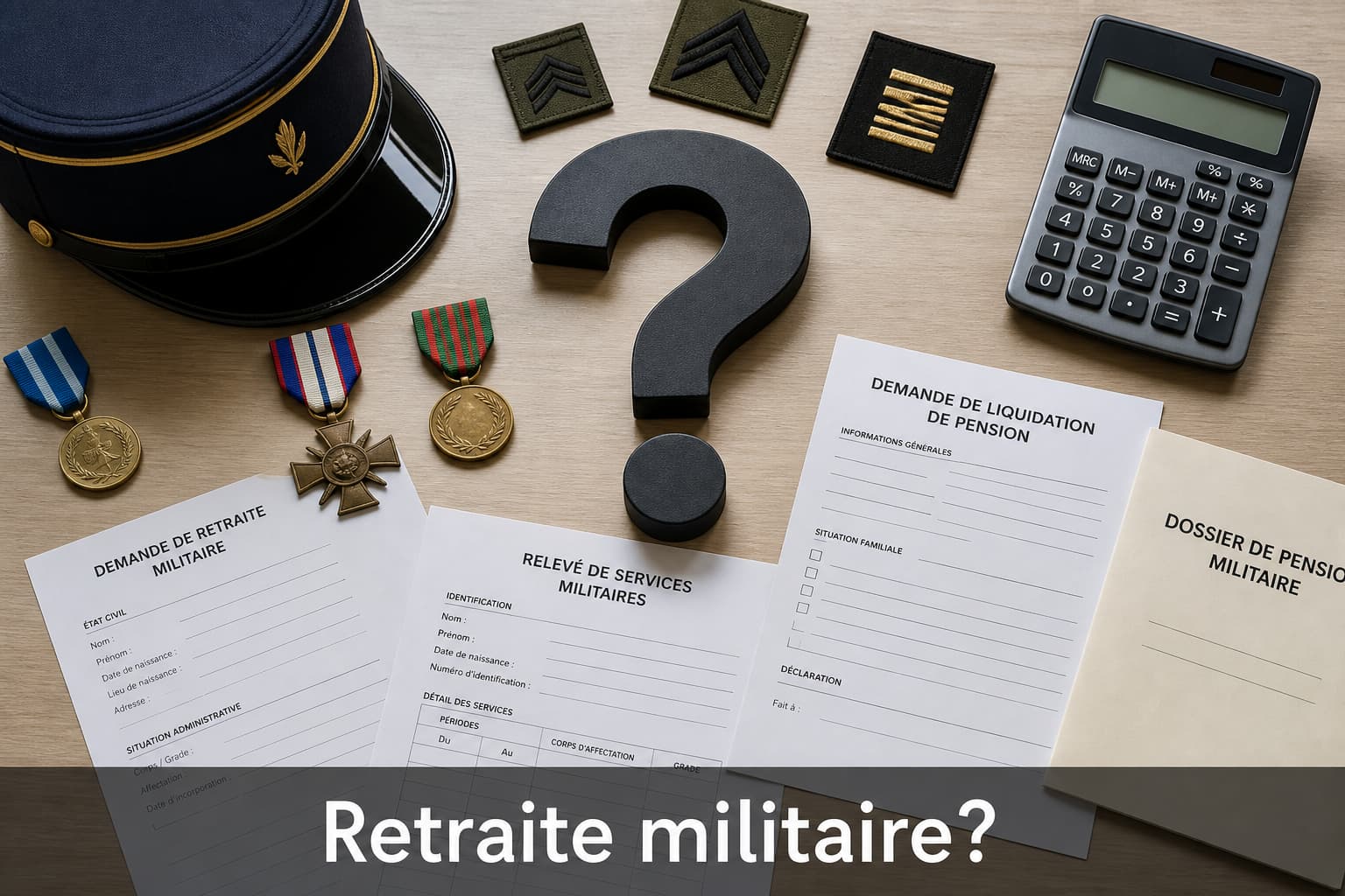 Symboles militaires, calculatrice et documents autour d