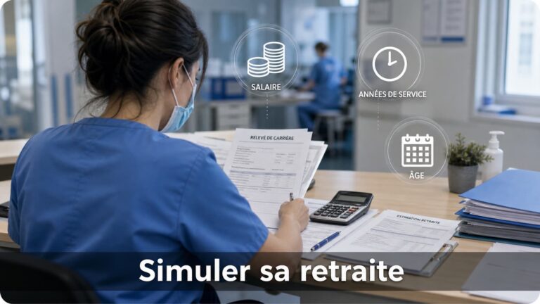 Infirmière en tenue hospitalière examinant des documents de retraite avec une calculatrice et des icônes représentant le salaire, les années de service et l'âge, avec le texte 'Simuler sa retraite' affiché.