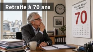 Un employé de bureau senior regarde un calendrier affichant le nombre 70, avec une expression interrogative, dans un bureau français, surmonté du texte 'Retraite à 70 ans'.