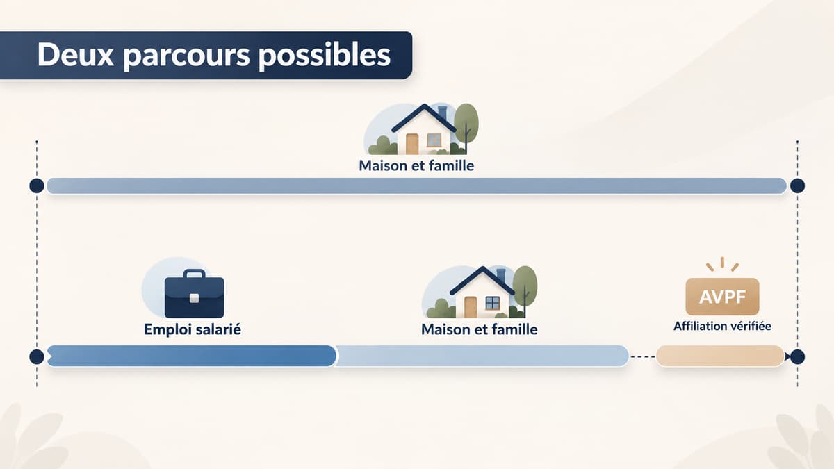 Comparaison pédagogique en deux frises chronologiques : une sans emploi, une avec emploi puis période au foyer, avec des pictogrammes distincts pour l’activité salariée, les périodes au foyer et un repère AVPF, sous le titre « Deux parcours possibles ».