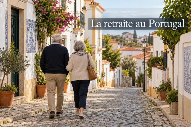 Couple âgé vu de dos marchant dans une rue résidentielle portugaise aux façades claires ornées d’azulejos, avec le texte « La retraite au Portugal ».