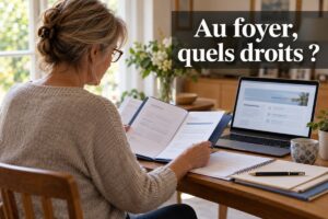 Femme d’une cinquantaine d’années consultant un dossier de retraite ouvert à côté d’un ordinateur portable sur une table de salon, avec l’inscription « Au foyer, quels droits ? ».