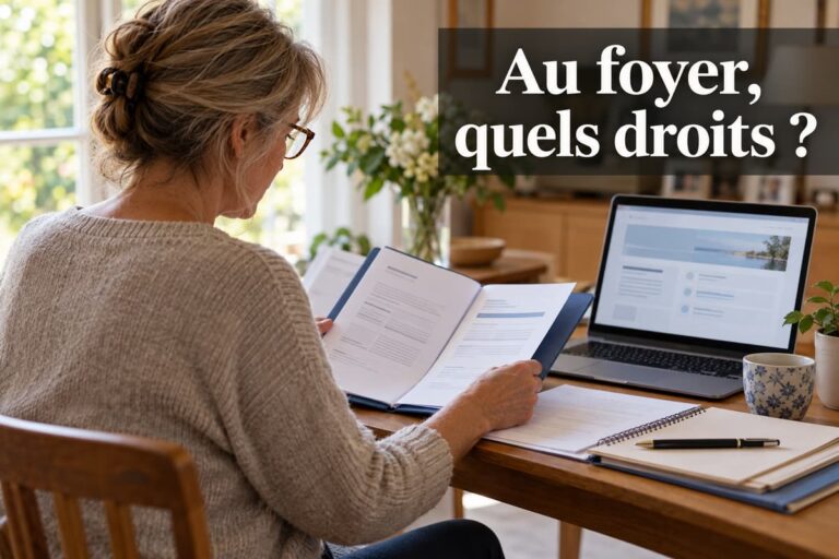 Femme d’une cinquantaine d’années consultant un dossier de retraite ouvert à côté d’un ordinateur portable sur une table de salon, avec l’inscription « Au foyer, quels droits ? ».