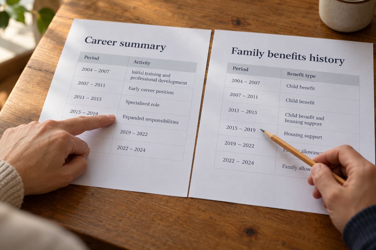 Mains comparant un relevé de carrière imprimé et un historique de prestations familiales, un doigt et un crayon repérant deux périodes correspondantes sur les lignes datées.